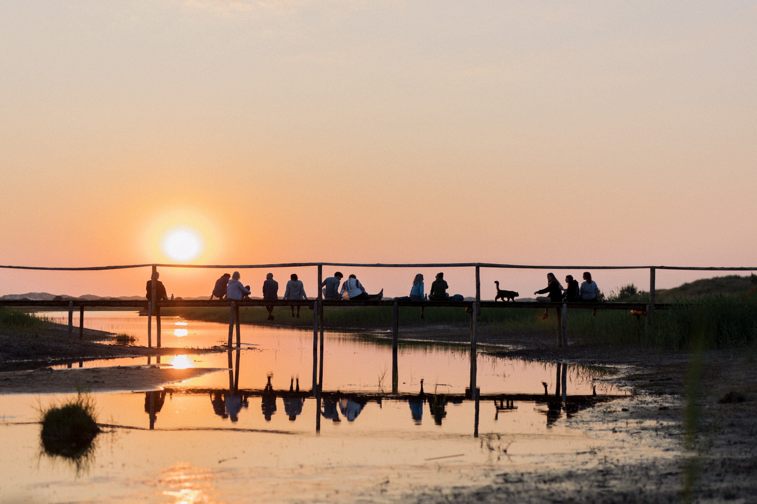 Mensen genieten van de ondergaande zon zittend op een brug op het groene Strand op Terschelling