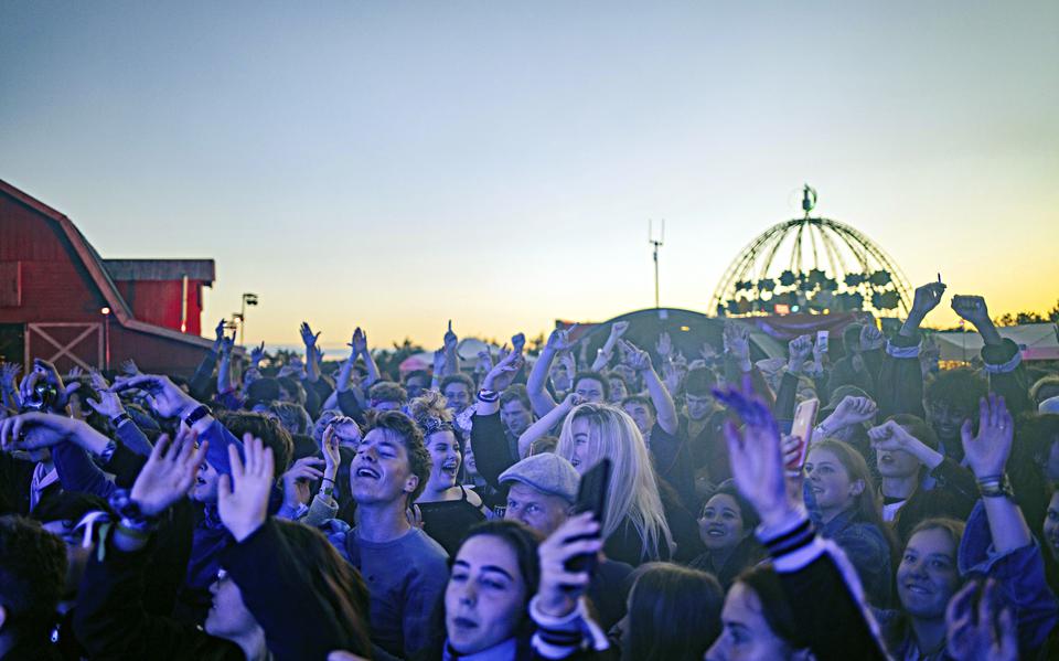 Dansende menigte in de avondschemering op fesivalterrein de Westerkeyn tijdens Oerol.