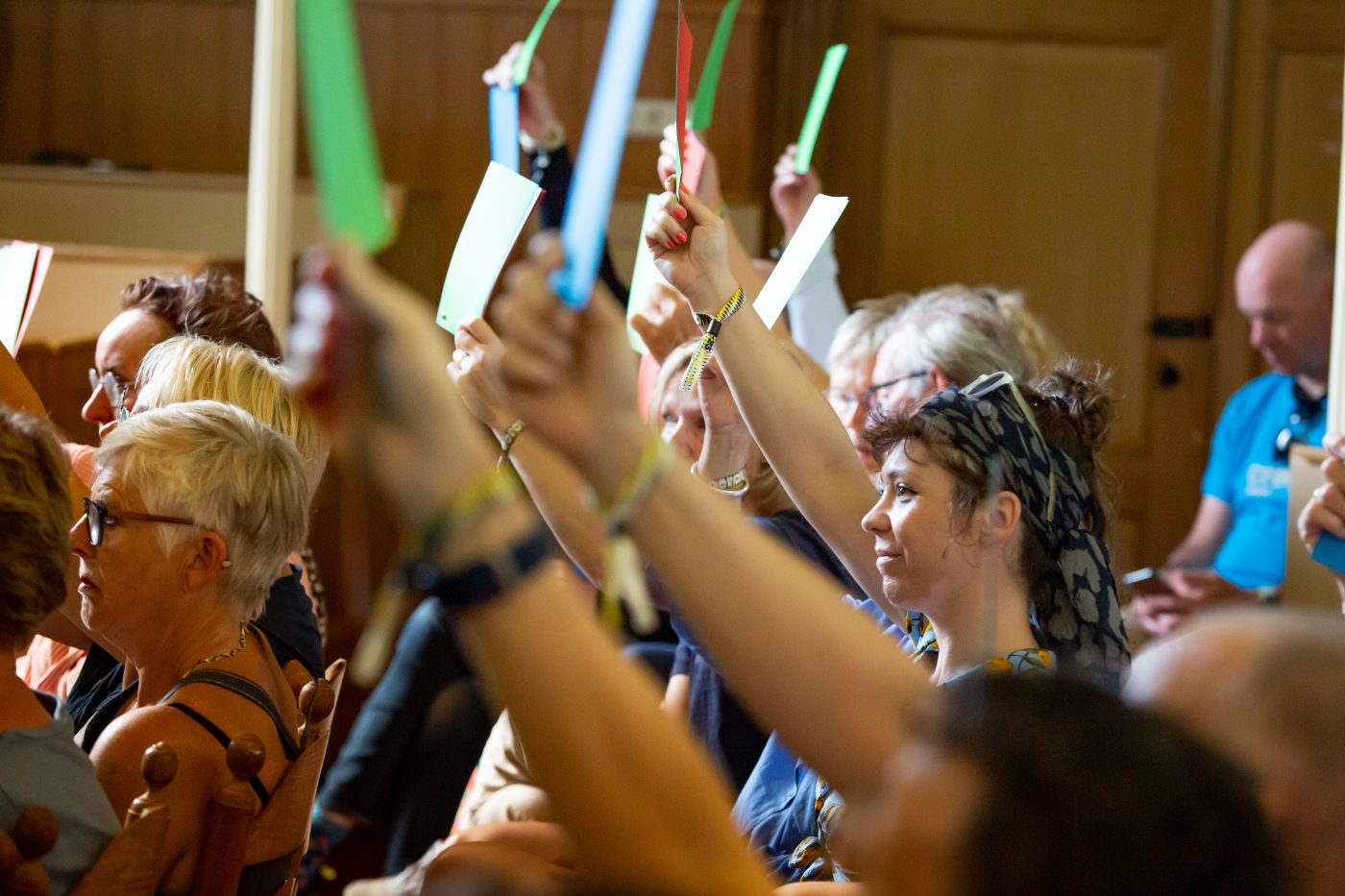 Foto van In Search Of Democracy, je ziet verschillende mensen met rode en groene papiertjes in de lucht, ergens op stemmen.